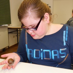 Kiara lässt eine Schnecke aus ihrer Hand fressen. (vergrößerte Bildansicht wird geöffnet)
